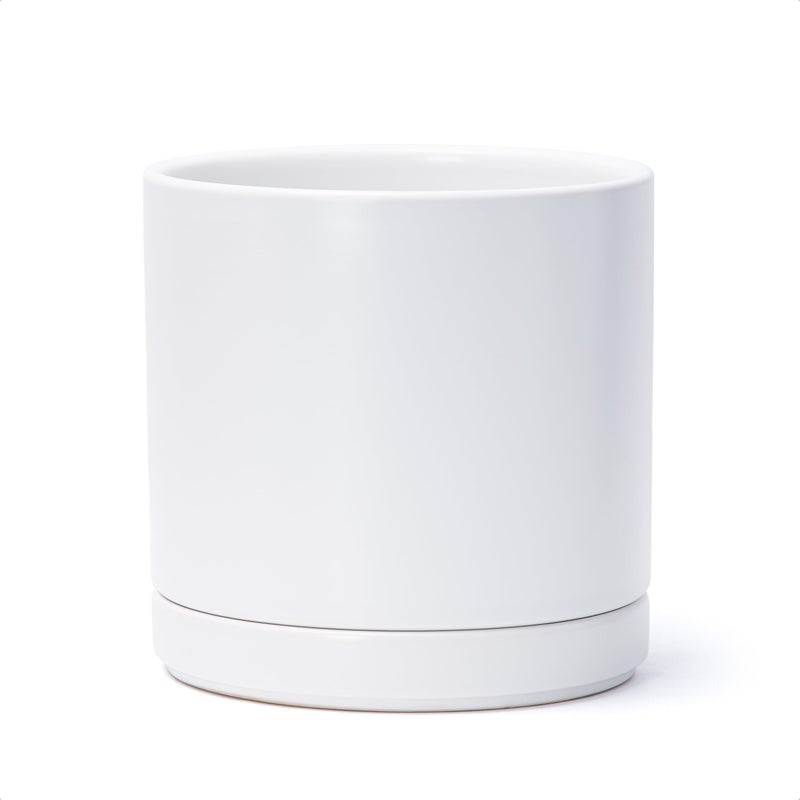 D'vine Dev 8.2 Inch Ceramic Planter Pot with Drainage Hole and Saucer, Indoor Cylinder Round Planter Pot, White, 94-O-D-1 - Image 1